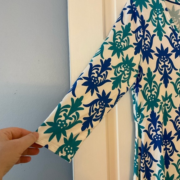 Boden Tory Tunic Dress White Blue Jersey Stretch 3/4 Sleeve V Neck US Size 10 - Picture 4 of 9